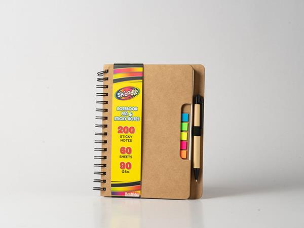 Spiral notebook, kraft paper cover, 80 lined pages, sticky colored notes, pen loop