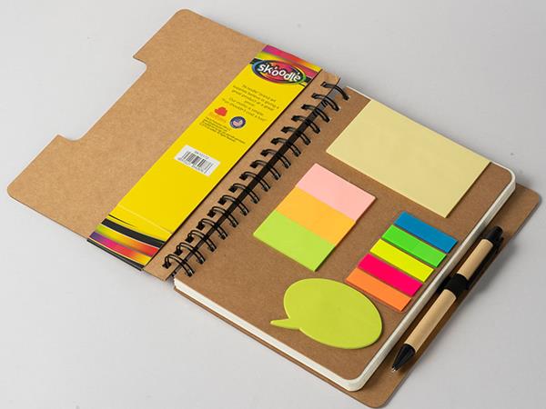 Spiral notebook, kraft paper cover, 80 lined pages, sticky colored notes, pen loop